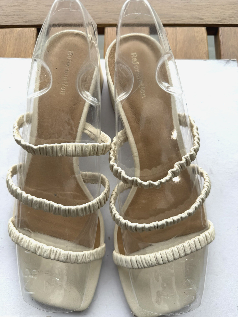 Reformation Ivory Crunched 3 Straps Block low heel leather Sandals Brazil Sz-7